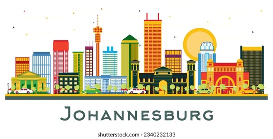 Johannesburg South Africa city Skyline with Color Buildings isolated on white. Vector Illustration. Business Travel and Tourism Concept with Modern Buildings. Johannesburg cityscape with landmarks.