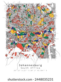 Johannesburg,South Africa Urban detail Streets Roads color Map  ,vector element template image for marketing ,product ,wall art and poster prints.