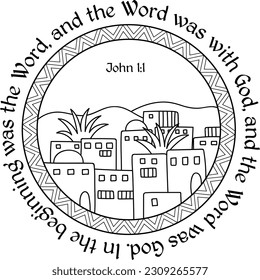 John 1:1 NIV biblical verse decorative illustration with ancient city hand drawn.