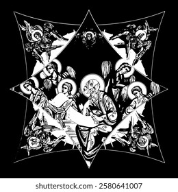John the Apostle on cross dome with 4 apostles, angels and seraphim. Ink illustration black and white in Byzantine style isolated