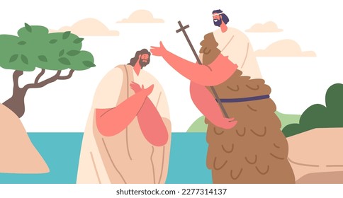 John The Baptist Character Baptizing Jesus In Serene River Biblical Scene Represent Christian Religious Historical Theme