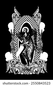 John the Baptist. Illustration with angels and seraphim in heaven black and white in Byzantine style