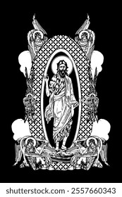 John Baptist. Illustration with angels and seraphim in heaven black and white in Byzantine style