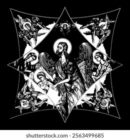 John Baptist on cross dome with 4 apostles, angels and seraphim. Ink illustration black and white in Byzantine style isolated