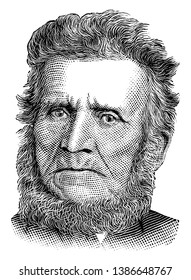 John Brown, 1800-1859, war ein amerikanischer Abschaffer, leitete einen Überfall auf die Bundeswaffe bei Harpers Ferry, um 1858 eine Befreiungsbewegung zu starten, eine Vintage-Linie zeichnen oder Gravuren-Illustration