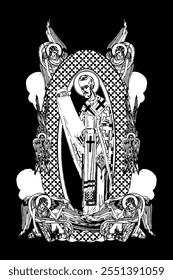 John Chrysostom. Illustration with angels and seraphim in heaven black and white in Byzantine style