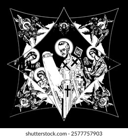 John Chrysostom on cross dome with 4 apostles, angels and seraphim. Ink illustration black and white in Byzantine style isolated