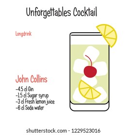 John Collins alcoholic cocktail vector illustration recipe isolated