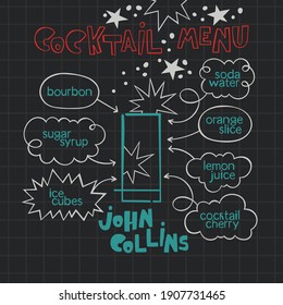 John Collins cocktail. Cocktail menu. Alcoholic cold drinks. Recipe. Lettering, arrows, dialog clouds. Stars and dots, blots. Gray checkered background. Isolated vector objects. Cartoon glass. 