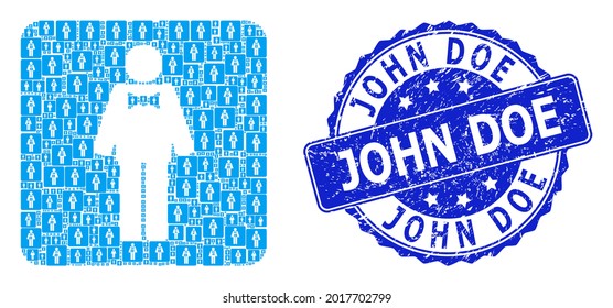 John Doe grunge round seal and vector recursive mosaic groom. Blue seal has John Doe caption inside round shape. Vector collage is composed from recursive groom items.