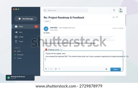 John Doe sends an email to his team regarding project updates. He thanks them for feedback and asks a question about the timeline outlined in a PDF document.