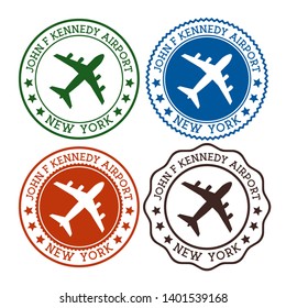 John F Kennedy Airport New York. New York airport logo. Flat stamps in material color palette. Vector illustration.