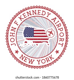 Estampilla del Aeropuerto John F. Kennedy de Nueva York. Ilustración vectorial del logotipo del aeropuerto. Aeródromo de Nueva York con bandera del país.