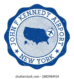 Estampilla del Aeropuerto John F. Kennedy de Nueva York. Logo de la ronda del aeropuerto de Nueva York con ubicación en el mapa de Estados Unidos marcado por un avión. Ilustración vectorial.