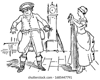 John Gilpin, this scene shows a standing man wore hat, woman holding dress and standing near him, clock in background, vintage line drawing or engraving illustration