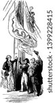 John Paul Jones Raising the First Flag on a U.S Ship,vintage line drawing or engraving illustration.