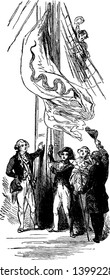 John Paul Jones izando la primera bandera en un barco estadounidense, dibujo vintage de línea o ilustración de grabado.