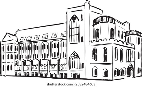 John Rylands Research Institute Library, Manchester, England black and white ink sketch. Stunning Neo-Gothic architecture intricate stonework. Cultural landmark illustration. Tourism, travel, heritage