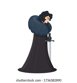 John Snow, game of thrones, vector cartoon knight with a rarity sword the hero of the series in a long black cloak bowed his head in remorse and sorrow, winter is coming, the warrior after the battle 