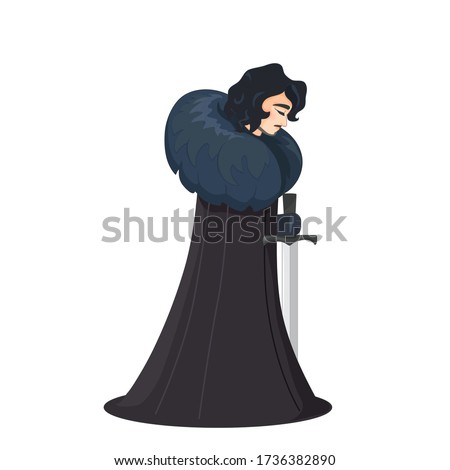 John Snow, game of thrones, vector cartoon knight with a rarity sword the hero of the series in a long black cloak bowed his head in remorse and sorrow, winter is coming, the warrior after the battle 