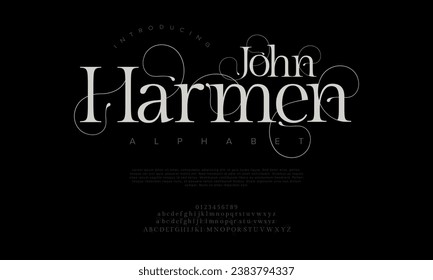 Johnharmen premium luxury elegant alphabet letters and numbers. Elegant wedding typography classic serif font decorative vintage retro. Creative vector illustration