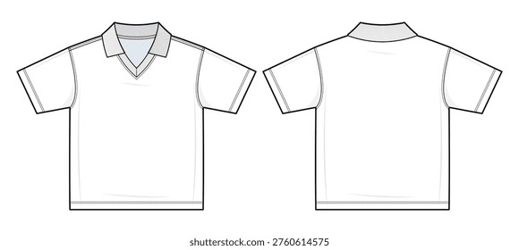 Johnny Collar Tee Technical Fashion Illustration. Short Sleeve Collared Tee with Standard Hem Vector Template. Front and Back View. Apparel CAD Mockup