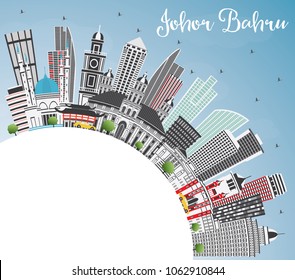 Johor Bahru Malaysia Skyline with Gray Buildings, Blue Sky and Copy Space. Vector Illustration. Business Travel and Tourism Illustration with Modern Architecture. Johor Bahru Cityscape with Landmarks.