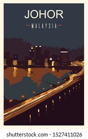 Johor Retro Poster. Johor Travel Illustration. States Of Malaysia Greeting Card. 