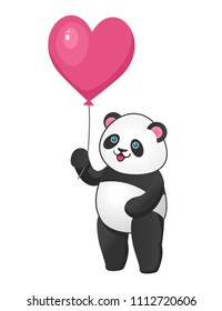 Joiful panda with pink heart shaped balloon. Design element for baby shower card, scrapbook, invitation, baby goods and childish accessories. Isolated on white background. Vector illustration.