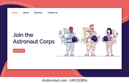 Join astronaut corps landing page vector template. Cosmonauts website interface idea with flat illustrations. Division homepage layout. Formation web banner, webpage cartoon concept