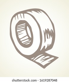 Join bind bobbin set on light paper text space backdrop. Outline black ink hand drawn web bonding stationary element logo pictogram emblem design in retro art doodle cartoon print style. Close up view