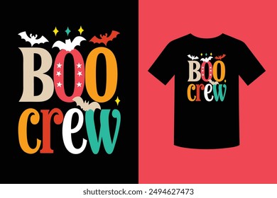 Join the "Boo Crew" with this fun Halloween-themed t-shirt design. Perfect for spooky celebrations, this design features festive graphics that make it a must-have for your Halloween wardrobe.