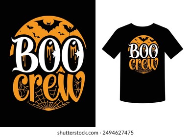 Join the "Boo Crew" with this fun Halloween-themed t-shirt design. Perfect for spooky celebrations, this design features festive graphics that make it a must-have for your Halloween wardrobe.