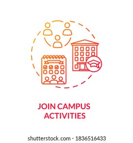 Join Campus Activities Red Gradient Concept Icon. Student Lifestyle. University Clubs And Groups Event. College Life Idea Thin Line Illustration. Vector Isolated Outline RGB Color Drawing