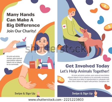 Join charity organization, many hands can make a big difference. Get involved today. Help animals together. Woman with pack of goods for people in need. Helping animals. Vector in flat style