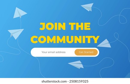 join community landing page banner design with blue background. vector