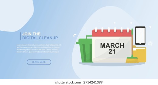 Beteiligen Sie sich an der digitalen Bereinigung 21. März. Flat digital cleanup Tag Banner mit März 21 Kalender ideal für Sensibilisierungskampagnen und Web-Header. Digitales Entgiftungskonzept. Vektorgrafik