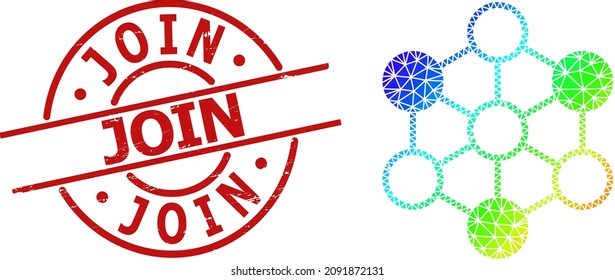 Join dirty stamp seal, and lowpoly rainbow colored blockchain icon with gradient. Red stamp includes Join title inside circle and lines template. Triangulated blockchain polygonal 2d illustration.