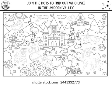 Join the dots to find out who lives in unicorn valley. Vector fairytale drawing, tracing practice worksheet with magic country landscape. Printable black and white activity or coloring page for kids
