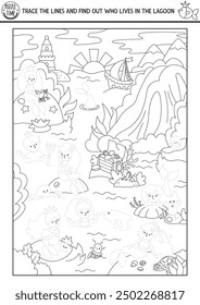 Join the dots to find out who lives in lagoon. Vector fairytale drawing, tracing practice worksheet with underwater kingdom landscape. Mermaid printable activity, coloring page for kids
