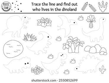 Join the dots to find out who lives in the dino land. Vector dinosaur drawing, tracing practice worksheet with prehistoric landscape. Printable black and white activity or coloring page for kids
