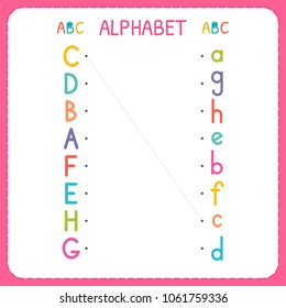 Join each capital letter with the lowercase letter. From A to H. Worksheet for kindergarten and preschool. Exercises for children. Vector illustration