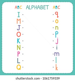 Join each capital letter with the lowercase letter. From I to Q. Worksheet for kindergarten and preschool. Exercises for children. Vector illustration