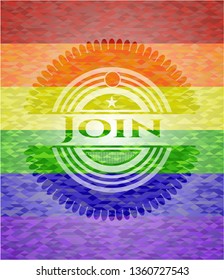Join emblem on mosaic background with the colors of the LGBT flag