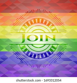 Join emblem on mosaic background with the colors of the LGBT flag