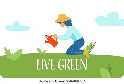 Join environmental organizations. Protect natural resources. Rationally use and restore forests, and lakes. Female character with watering can take care of plants in the field. Vector in flat style