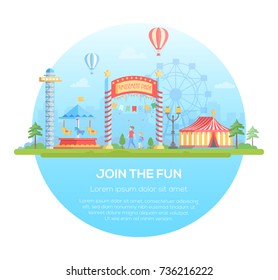 Join the fun - modern flat design style vector illustration in a round frame on urban background with place for text. Cityscape with attractions, circus, big wheel silhouette. Entertainment concept