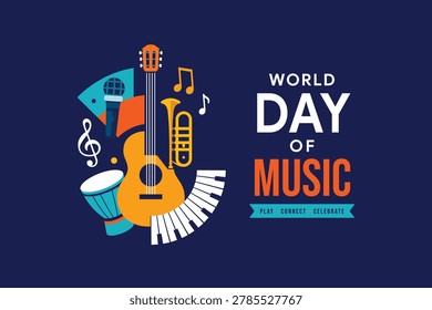 Join the global celebration of music featuring acoustic guitar piano keys drums and brass instruments against a dark blue background