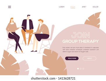 Join group therapy - colorful flat design style web banner with copy space for text. A header with a man and women sharing their emotions and feelings. Psychological problems concept