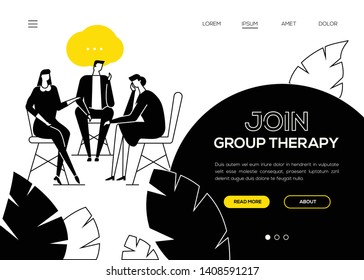 Join group therapy - flat design style web banner with copy space for text. Black, white and yellow website header with a man and women sharing emotions and feelings. Psychological problems concept